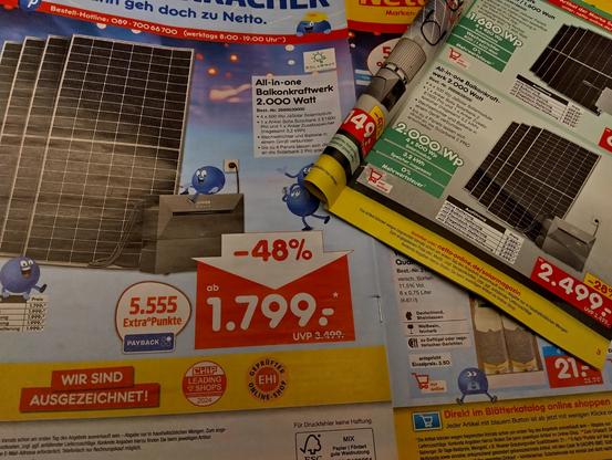 Online offer in Germany for 2000 watt balcony solar system including 3,2 kWh battery for 1800 euros