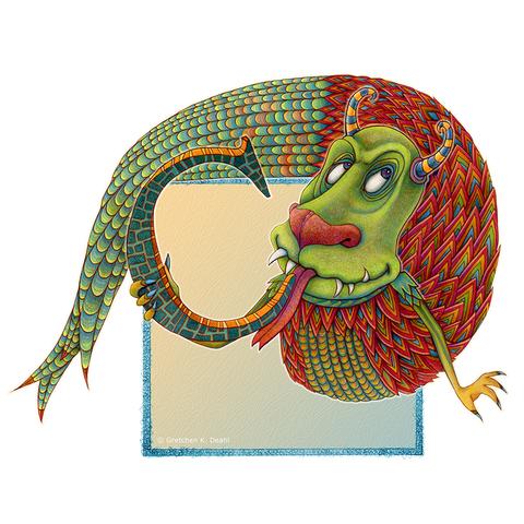 An oddly shaped creature, drawn in graphite and colored pencil, sits draped upon a square. Its body is made up of colorful scales, ending in a slinky tale. Atop its large green head, two curly striped horns. Its large friendly eyes and fanged smiling mouth invite you over for a lick. In the meantime, it is happily slurping the side of its favorite letter C.