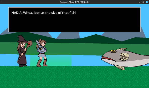 While walking around a lake, two women (a warrior and a mage) come across a giant fish lying on the ground. One of them, Nadia, exclaims "Whoa, look at the size of that fish!"