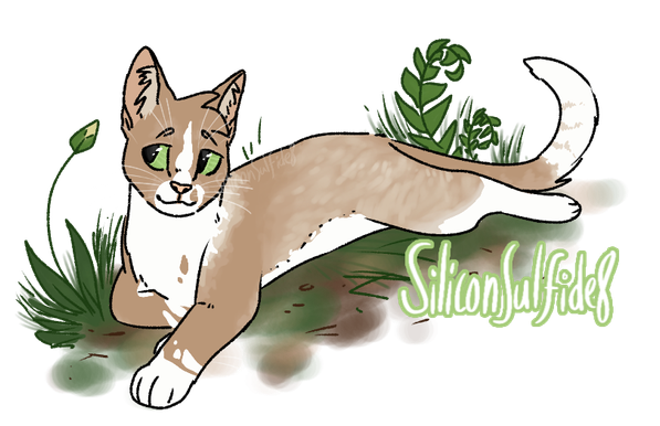 Art of light brown shorthair cat with green eyes, laying near plants. Its fur is paler at the back of its body. It has a speckled, white neck, muzzle streak, paws and light tabby tail tip.