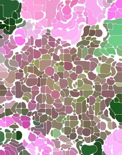 Abstract image of pink flowers and reddish berries.  Shapes are solid colors on a white background.
