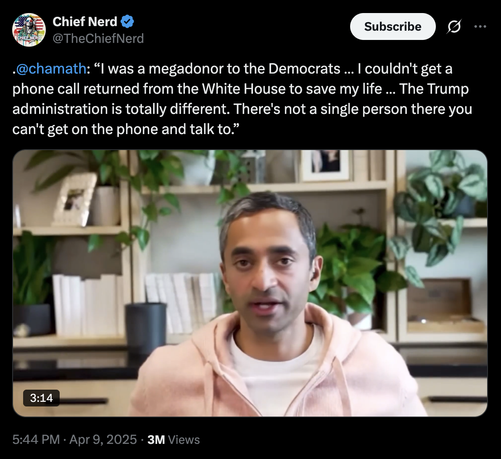 .@chamath
: “I was a megadonor to the Democrats … I couldn't get a phone call returned from the White House to save my life … The Trump administration is totally different. There's not a single person there you can't get on the phone and talk to.”