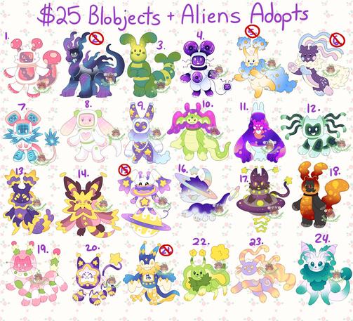 there are 24 designs here, i am going to struggle describing them all in detail and i apologize.

1. a anthro mushroom lava lamp robot
2. a feral goop monster lava lamp with a mini floating head inside of it
3. a anthro glow worm blobject
4. a anthro robot disc mouse with CD ears and a mini TV head on its tail
5. a anthro cloud poofy alien with stars coming out of them
6. a creature that is funfettti rainbow themed
7. a anthro robot mouse with electric around its neck and tail and sick shoes
8. a anthro robot with long bunny ears
9. a anthro lava lamp robot with stars inside of it 
10. a goop monster with a small creature inside the head and a regular alien body below it
11. A feral lava lamp creature with a little baby creature inside of it
12. a feral electric robot computer with wires coming out of its ears
13. a anthro space star alien with purple and gold ruffles for ears and tail
14. an anthro alien that is kind of clown like with halos on its large ears and tail
15. an anthro space star planet bunny with large ears and a large planet tail
16. a feral rainbow comet creature with a saturn ring around its head and a saturn planet tail
17. a feral spaceship alien kitty, half of its body is a kitty and the other half is a full on space ship with star halos
18. a anthro red gold lava lamp creature with a small creature within lava lamp for a face
19. a feral tamagotchi dango caterpiller kitty 
20. a feral tamagotchi star kitty with sick shoes 
21. a anthro tamagotchi star bi