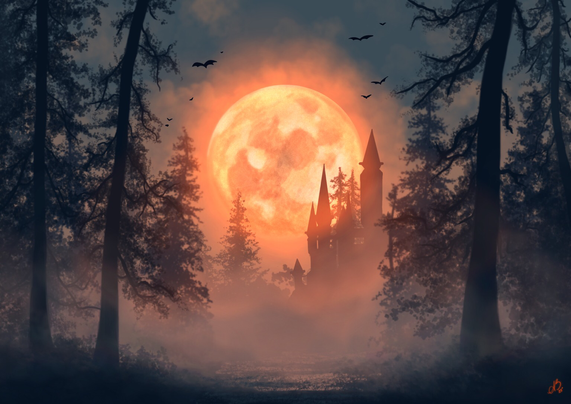 A misty, ominous forest scene at night.  A large, orange-red moon, resembling a jack-o'-lantern, dominates the center upper portion of the image. The moon casts an eerie, warm glow on the scene.  A dark, imposing castle, with spires and towers, stands in the mid-ground, silhouetted against the warm light. The castle seems shrouded in mist, making its details somewhat hazy.  Tall, dark, pine-like trees form a dense border around the castle, their silhouettes sharp against the foggy air. The trees reach toward the sky, and the branches stretch across the frame giving a sense of depth and enclosure.  The foreground is filled with mist and the forest floor. A sense of mystery and foreboding is created by the combination of the dark trees, the ominous castle, the large moon, and the thick fog. Several stylized bats are visible in the sky. The overall color palette is dim and muted, with deep blacks, oranges, and hints of warm browns and grays in the mist. The misty atmosphere heightens the otherworldly and Halloween-themed mood of the scene.