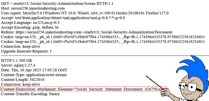 The site delivers a file named "Social Security Statement Documents [six random numbers].exe" and the numbers change every time you download the file.
