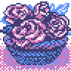 A small woven basket with filled with roses, imagined as 48 x 48 pixel art (resized to 144x144)