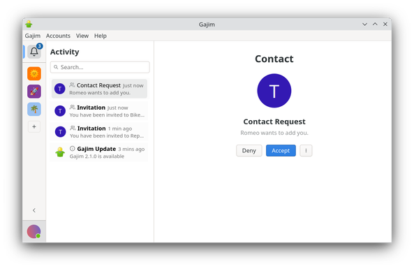 Gajim's main window showing the new activity feed