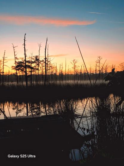 Very dark view over a marshy wetland landscape.  Grey fog rises from the reeds and barren trees dark silhouettes, casting shadows on the water below.  While the wetland is still dark as night, the sky above is a brilliant blue, with layers of pink and yellow rising from the horizon in advance of the approaching sunrise, casting reflections upon the water's surface below. In the foreground the silhouette of a small bench on a wooden pier overlooking the water, and a bright white stamped watermark: GalaxyS25 Ultra