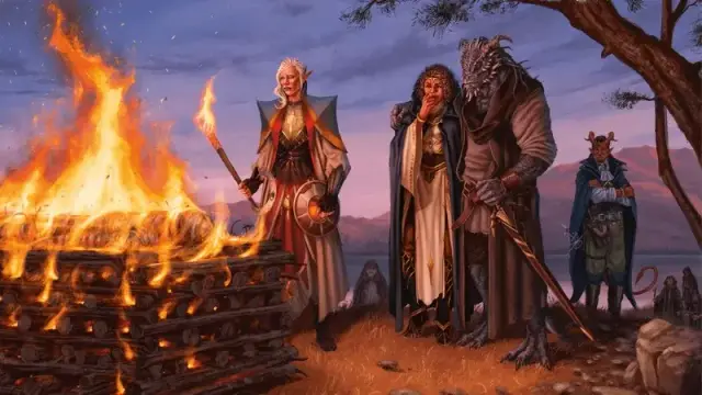 Official DnD artwork, featuring a group of adventurers mourning in front of a burning funeral pyre.