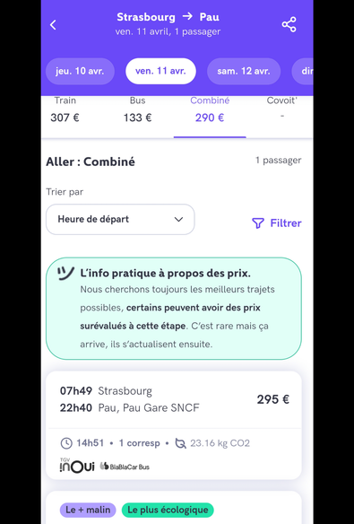 Capture d'écran d'un résultat de recherche sur https://www.tictactrip.eu