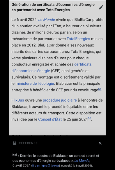 Article Wikipedia et lien direct : https://fr.wikipedia.org/wiki/BlaBlaCar#Génération_de_certificats_d’économies_d’énergie_en_partenariat_avec_TotalEnergies