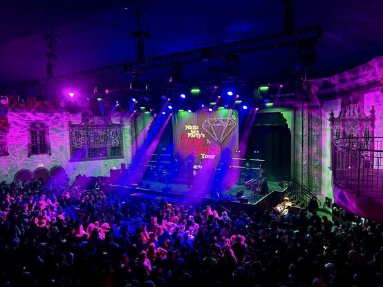 Picture of a crowded theater lit with purple and green lights, seen from above & behind. The backdrop behind the stage says “Ninja Sex Party’s Pure Elegance Tour” with a large light feature in the shape of a gemstone.