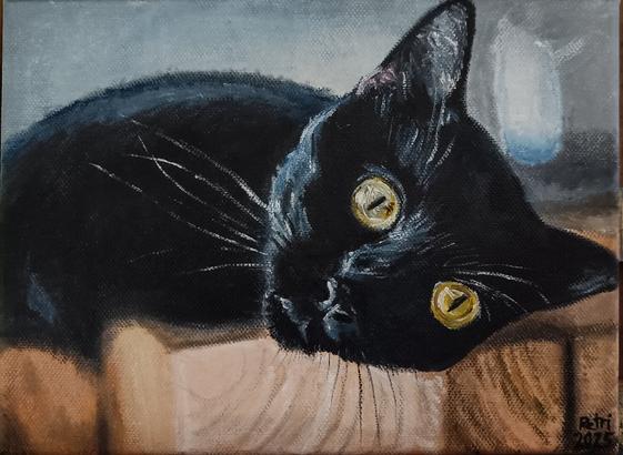 An oil painting of a black cat lying on wooden blanks. Yellow eyes.