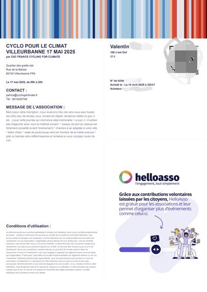 Billet d'inscription à la Cyclo for Climate, il s'agit d'une balade militante de 100km au départ de Villeurbanne qui permet de mettre en évidence l'urgence du changement climatique et individuellement ce que l'on peut faire pour changer les choses, comme tout simplement faire du vélo pour diminuer l'empreinte carbone du secteur du transport