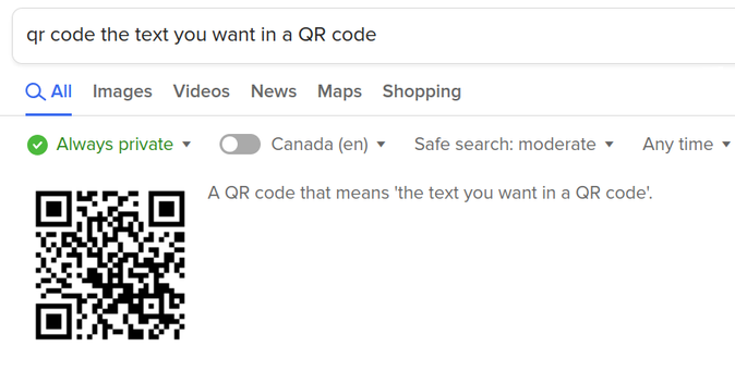 Screenshot from DuckDuckGo showing this: there is a search for "qr code the text you want in a QR code" and then a QR code and beside it the text "A QR code that means 'the text you want in a QR code'."