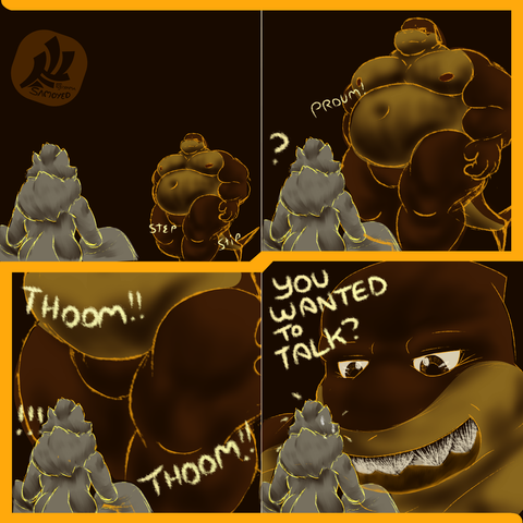Shang approaches Benjamin, but increases size in each following panel. His steps become louder before he bends down for his face to meet Benji's

"YOU WANTED TO TALK?"