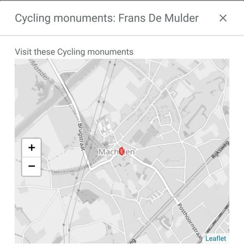 Cycling monuments: Frans De Mulder
Carte de localisation en niveaux de gris avec la localisation au centre en rouge sur un village nommé Machelen.