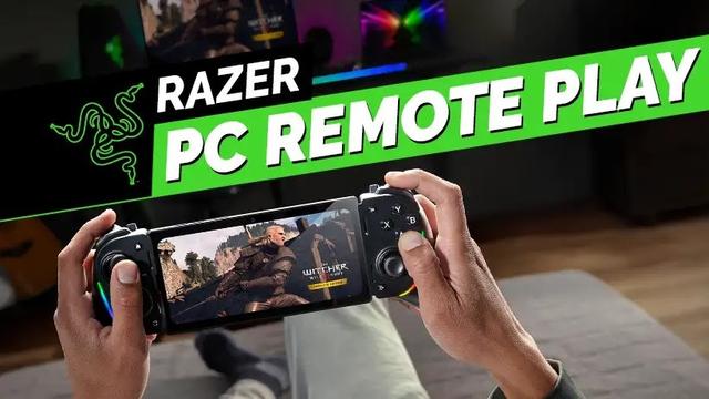 Graphic showing two hands holding a Razer mobile phone controller with a smartphone streaming The Witcher III video game from a remote PC. The  Razer logo sits beside the words "Razer PC Remote Play" angled across the top of the image.