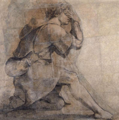 A Renaissance-era drawing. A man kneels, one leg in front and the other curled behind him. He covers his eyes with both hands. He is dressed roughly, in a tunic with a bag on his back.
