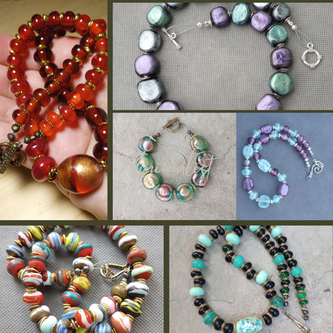 Collage image, showing six different handmade lampwork hot glass jewelry items in shades of red, green blue, and various rainbow combinations.