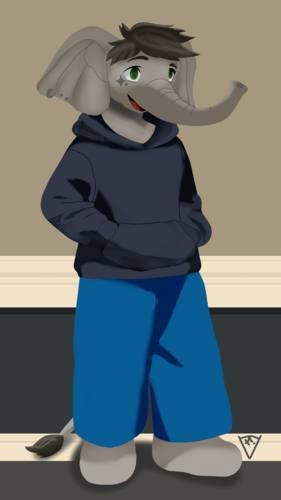 An anthropomorphic elephant with their paws in the blue hoodie the and blue pants standing in a hallway.