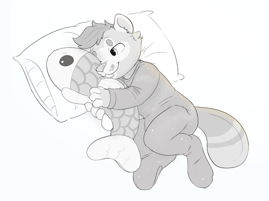 Digital babyfur illustration. The picture shows a beaver in footed PJs, laying down with their head resting on a pillow while cuddling their fish plush.