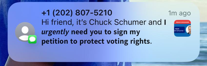Text message from Senator Schumer telling me how important it is to sign an online petition.