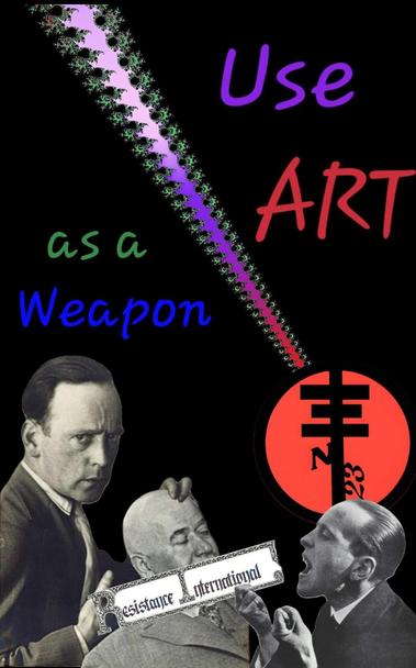 Use art as a weapon. Digital collage using mandelbrot fractal as background. Various john heartfield self-portraits and resistance international symbols present