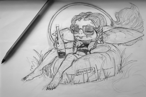 Self-portrait sketch of Tealful eyes lounging in their yard with sunglasses, a two piece, and an open bottle of ginger beer.