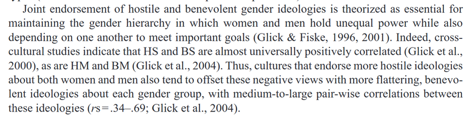 Joint endorsement of hostile and benevolent gender ideologies is theorized as essential for maintaining the gender hierarchy in which women and men hold unequal power while also depending on one another to meet important goals (Glick & Fiske, 1996, 2001). Indeed, cross- cultural studies indicate that HS and BS are almost universally positively correlated (Glick et al., 2000), as are HM and BM (Glick et al., 2004). Thus, cultures that endorse more hostile ideologies about both women and men also tend to offset these negative views with more flattering, benevolent ideologies about each gender group, with medium-to-large pair-wise correlations between these ideologies (rs=.34-.69; Glick et al., 2004).