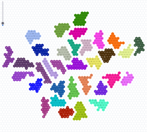 A hex cartogram of London wards. The wards are contiguous for each London borough with gaps between boroughs. It roughly resembles London.