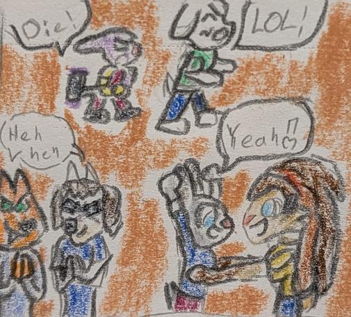 Color pencil drawing of three sets of two characters each. Sisters Lop Norausa, a Lepi woman from Star Wars Visions, and Judy Hopps, a Lepi like from Zootopia, cheer "Yeah❤️" together. Brother and sister Eli Norainu, an anthro dog man, my main OC, and Diane Foxingron, a fox woman like from The Bad Guys, scheme and say "Heh, heh." Rivet, like from the Ratchet and Clank game, chases her brother Asriel Dreemurr, like from Undertale, with her hammer yelling at him while he laughs.