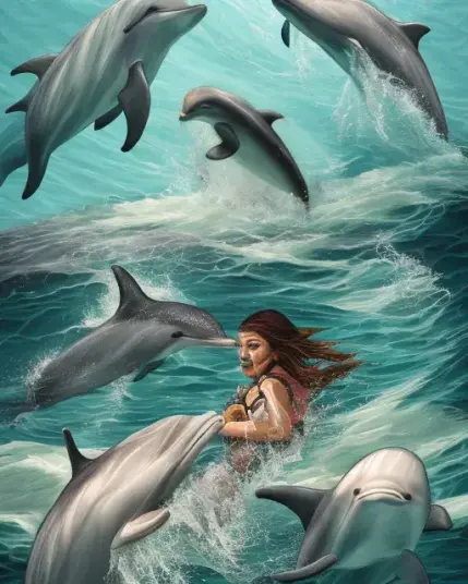 Artwork of woman in open waters with choppy waves, surrounded by a dolphin pod saving her