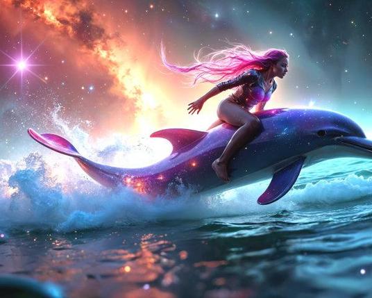 Artwork of woman riding dolphin, a nebula or the Milky Way in the sky behind her