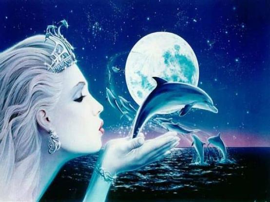 Artwork of woman with her palms together and up, above is a leaping dolphin, mid-air, a full moon in the background and more leaping dolphins in the distance