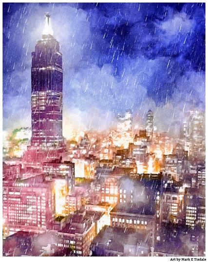 A view of the Empire State Building and surrounding streets as Manhattan looked in 1937. The ESB is far and away the tallest building in the scene. Rain is falling and there's a low mist that clings to the city's rooftops.