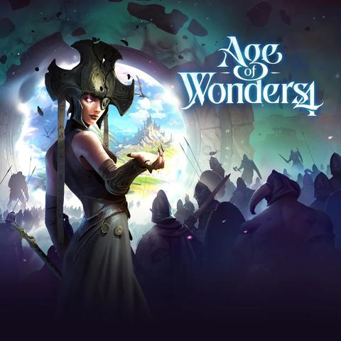 La vignette du jeu vidéo fantasy 4X Age of Wonders 4. Au premier plan, une femme élancée à l'allure inquiétante. Son œil droit brille d'une lueur violette et elle porte une étrange coiffe anthracite à trois larges branches orthogonales. Elle tend la main comme pour inviter le joueur à la suivre à travers un portail magique vers lequel se dirige son armée.