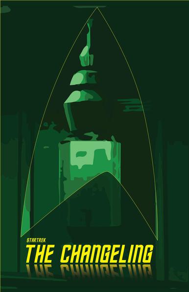 A green poster for Star Trek episode, The Changeling, featuring the robot satellite in side a star Fleet symbol.