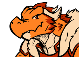 Fyralvinth dire, orange dragonborn looking sideglance. Wearing armor and a fur cloak. Done 2023.