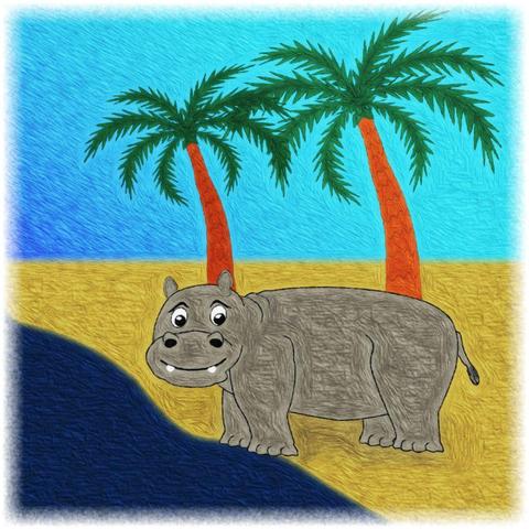 Ein gezeichnetes Flußpferd steht am Flußufer und schaut den Fluß entlang, dahinter zwei Palmen und blauer Himmel.

A drawn hippopotamus stands on the riverbank and looks along the river, behind it two palm trees and blue sky.