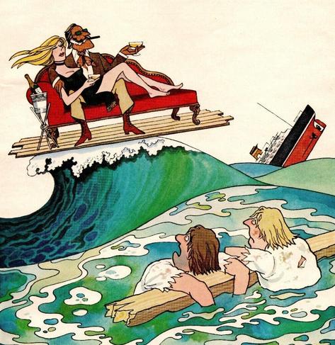A rich couple lounges nonchalantly on a couch on a piece of wood while a ship sinks in the distance.