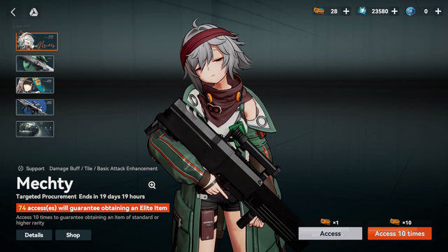 An image from Girls Frontline 2. Lawler started with 28 tickets and 23580 freemium currency.