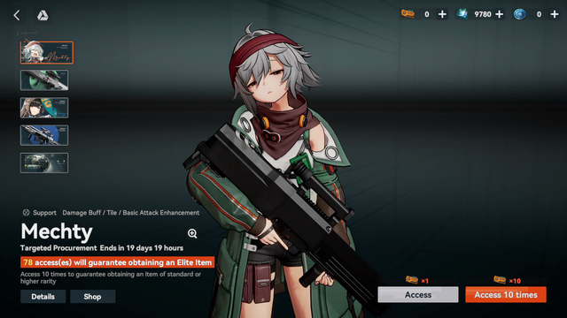 By the end of their rolling, they finally got a new character, Mechty (or G11) with only 9780 freemium currency left. For comparison, 6480 freemium currencies costs $100 USD in the shop.