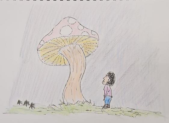 a pencil sketch, lined in black ink and coloured with coloured pencils. a woman with black hair in a purple shirt, blue jeans, and black boots, looks up at a red giant mushroom with white spots. some tiny pine trees are growing in the corner.