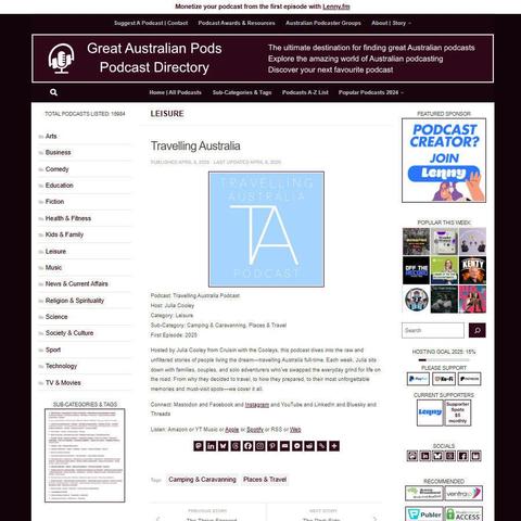 Travelling Australia Podcast
Screenshot of the podcast listing on the Great Australian Pods website