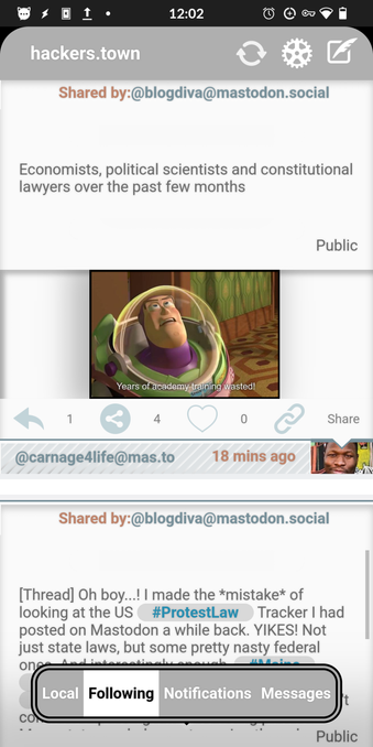 A screenshot of a mastodon client in a low contrast grey / white / gold theme
