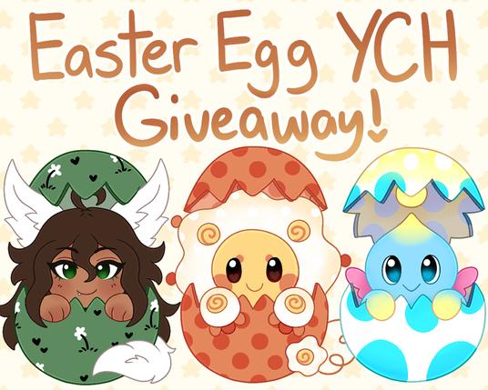 an ad that says "easter egg YCH giveaway!" with three examples of a human oc, egg creature, and sonic chao, hatching from eggs

#promosky #ocsky #artsky