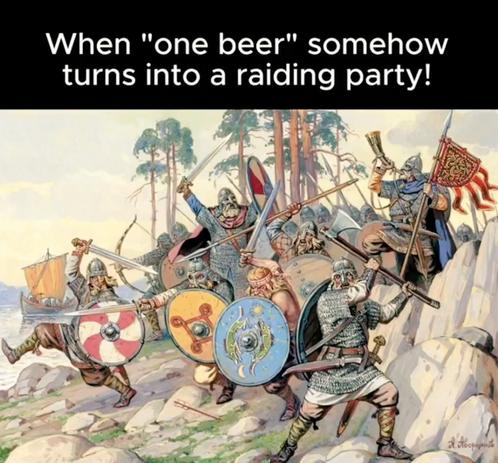 Painting of vikings charging/attacking, abit naive n parodic
Text:
When "one beer" somehow
turns into a raiding party!