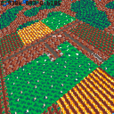 Aerial view of farmland, as it might be portrayed in an 8-bit flight simulator.