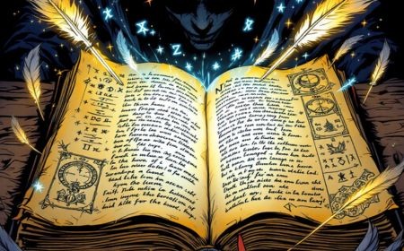 grimoire mystique ouvert, pages parcheminées couvertes d'inscription et dans les marges de symboles mystiques. Un visage dévoile ses traits en arrière plan derrière le grimoire